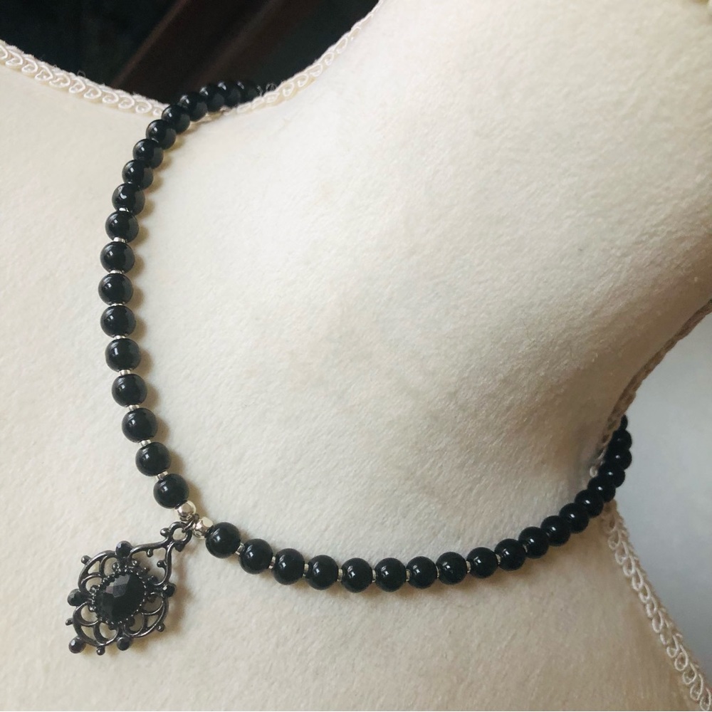 Handcrafted repurpose black glass crystal pendant Czech glass Pearl necklace